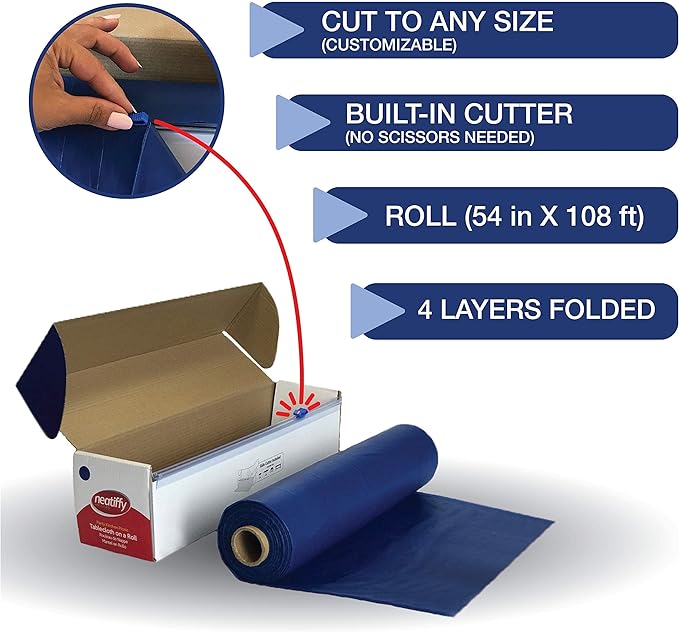 Neatiffy Disposable Plastic Table Cloth Roll | 54 in x 108 Ft Waterproof Tablecloth | Table Cover for Rectangle, Square, Round Oval Tables | Picnic, Party, Banquet, Birthdays, Weddings - Royal Blue