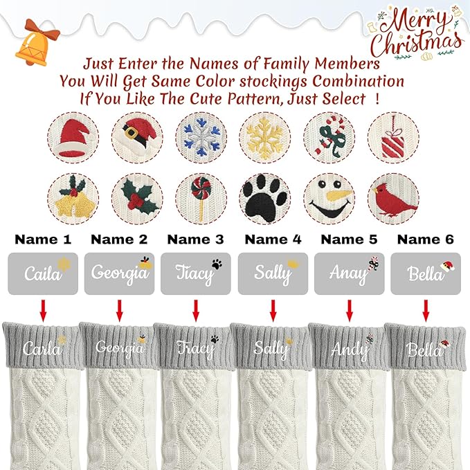 Personalized Christmas Stockings,Custom Embroidered Name+Logo Xmas Knitted Stockings 18'',Holiday and Family Stocking for Fireplace Christmas Holiday Party Decoration 1-6Pack（White Grey）