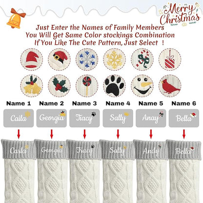 Personalized Christmas Stockings,Custom Embroidered Name+Logo Xmas Knitted Stockings 18'',Holiday and Family Stocking for Fireplace Christmas Holiday Party Decoration 1-6Pack（White Grey）