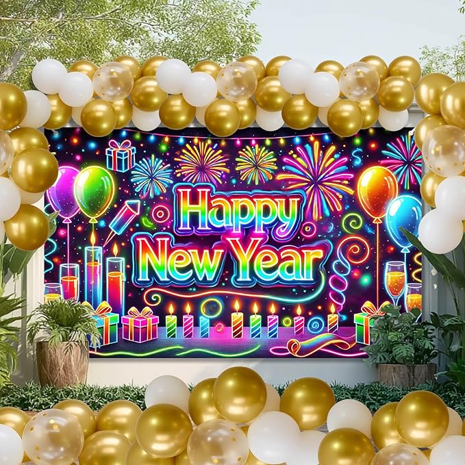 Happy New Year Backdrop 71x43 Inch Neon Style Party Banner Colorful Fireworks Balloons Candles Gift Box Design Large New Year Eve Photo Booth Background Wall Decor