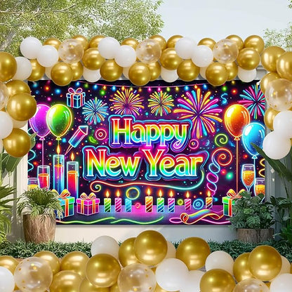 Happy New Year Backdrop 71x43 Inch Neon Style Party Banner Colorful Fireworks Balloons Candles Gift Box Design Large New Year Eve Photo Booth Background Wall Decor