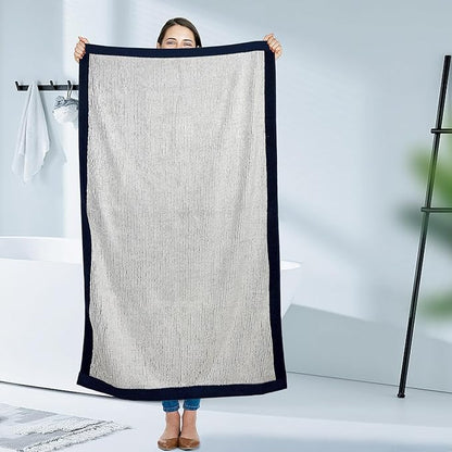 Cleanbear Fluffy Bath Towels for Bathroom, Shower Towel Set of 2, Jacquard Weaved Soft Cotton Cloths Navy-Blue, 54 by 28 Inches