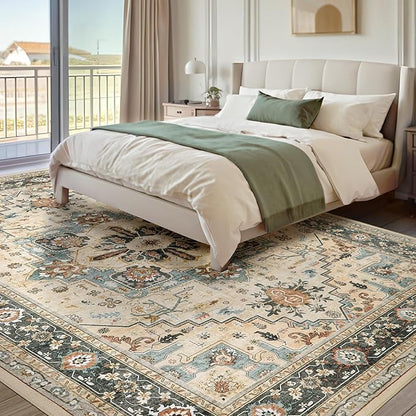 Area Rugs for Living Room 10x14 - Extra Large Machine Washable Vintage Oriental Soft Rug, Low Pile Thin Carpet with Non Slip Backing for Bedroom, Dorm, Dining Room, Indoor House, Office