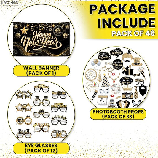 KatchOn, Huge Happy New Years Decorations Set, Pack of 46 | Happy New Year Backdrop with Photo Booth Props and Eyeglasses | New Years Eve Party Supplies 2026, Happy New Year 2026, Nye Decorations 2026