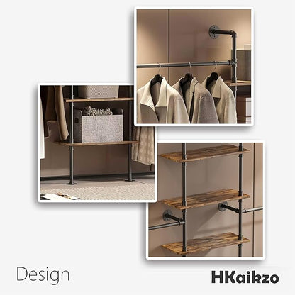 Industrial Pipe Clothing Rack, Wall-Mounted Clothes Rack with Shelf Wood Hanging Organizer, Space Saving Corner or Straight Design for Retail Store, Bedroom, Closet