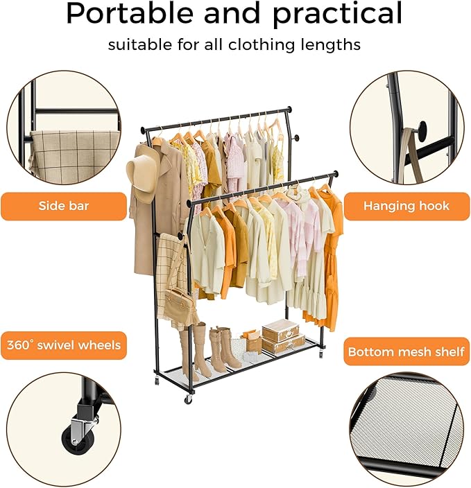 Double Rods Clothes Rack, Rolling Clothing Rack for Hanging Clothes with Hooks&Mesh Shelf, Portable Wardrobe Rack, Metal Coat Rack Sturdy Garment Rack for Bedroom Laundry Living Room Storage, Black