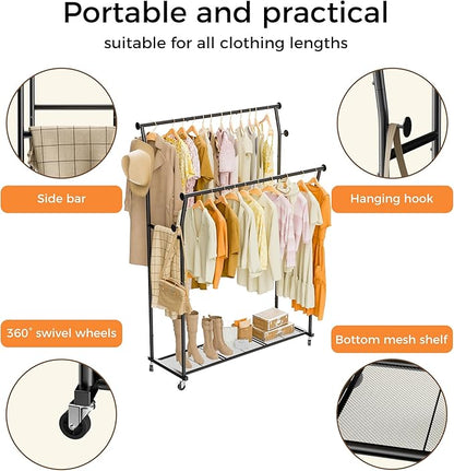 Double Rods Clothes Rack, Rolling Clothing Rack for Hanging Clothes with Hooks&Mesh Shelf, Portable Wardrobe Rack, Metal Coat Rack Sturdy Garment Rack for Bedroom Laundry Living Room Storage, Black