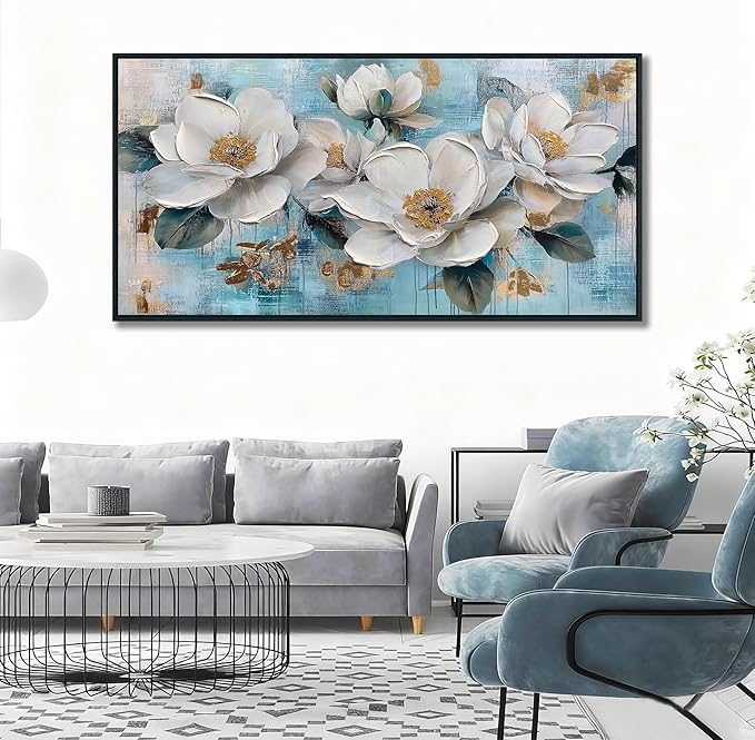 Ardemy White Floral Wall Art, Framed Teal Canvas Wall Art For Living Room Large Magnolia Pictures Wall Decor Flower Paintings Artwork for Walls Dining Room Bedroom Home Office 58"x29"