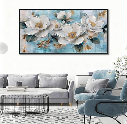 Ardemy White Floral Wall Art, Framed Teal Canvas Wall Art For Living Room Large Magnolia Pictures Wall Decor Flower Paintings Artwork for Walls Dining Room Bedroom Home Office 58"x29"