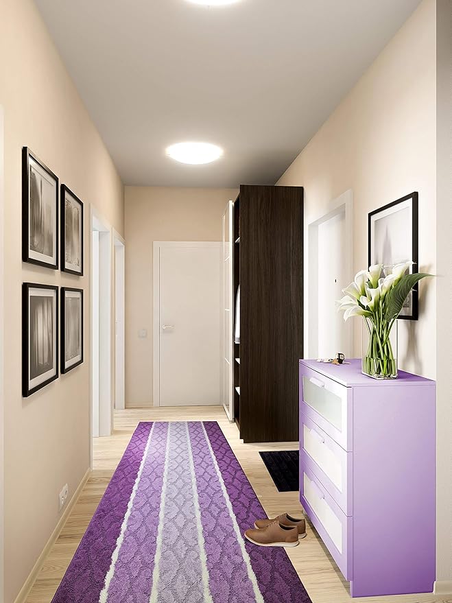 Custom Size Damask Hallway Runner Rug Slip Resistant, 26 Inch Wide x Your Choice of Length Size, Lilac, 26 Inch X 19 Feet, Sold and Priced Per Foot