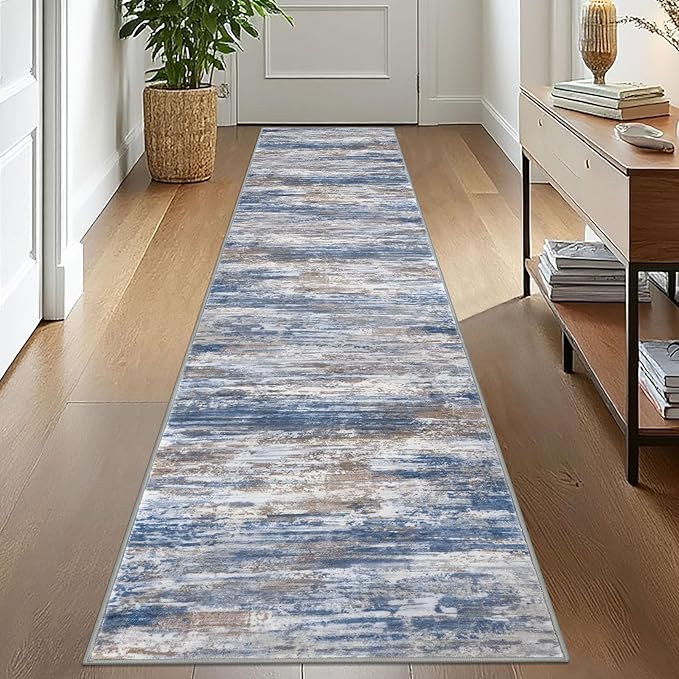 KOZYFLY Modern Abstract Kitchen Runner Rug, 2x10 Washable Rug Runner Non-Slip Soft Striped Hallway Runner Rugs, Blue Rust Print Carpet Runner for Entryway Bathroom Laundry Room Foyer