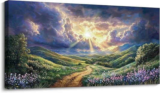 HKDGOKA Large Landscape Canvas Wall Art, Green Mountains Purple Clouds Flower Scenery Canvas Pictures Paintings Artwork for Living Room Bedroom Office Kitchen Home Wall Decor 29x58 IN