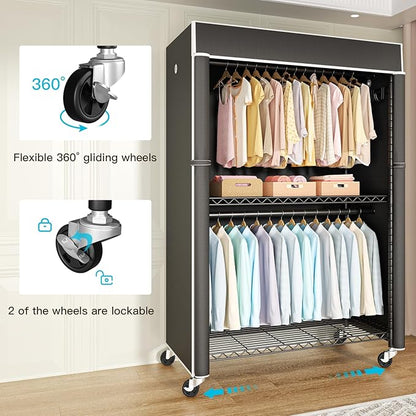 Black Clothing Rack with Black Cover, P1C Plus Rolling Closet with Wheels, Metal Garment Rack for Hanging Clothes, Clothing Storage Wardrobe, 46" W x 18.5" D x 80.7" H, Load 524 Pounds