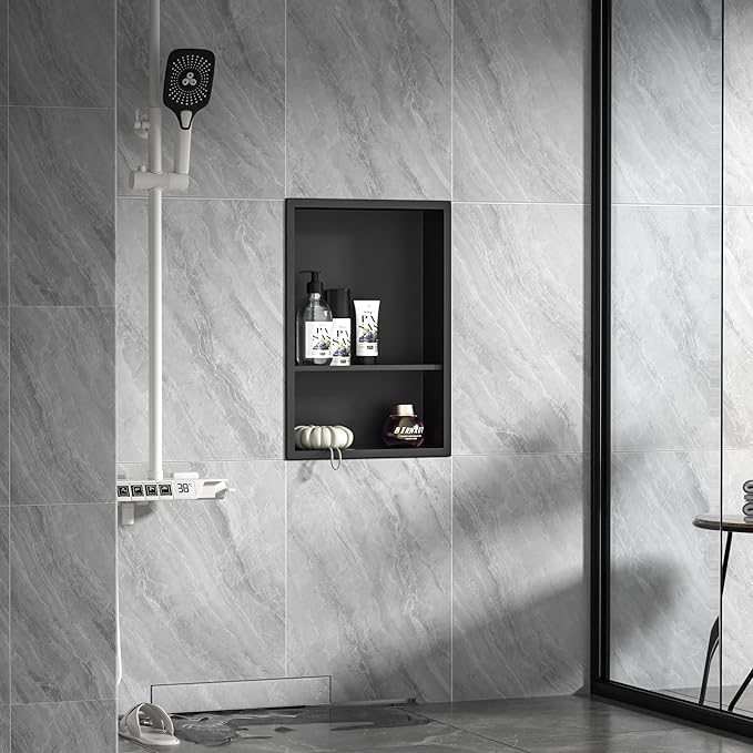 Stainless Steel Shower Niche 18" X 12" Matte Black No Tile Needed Niche for Shower Wall with Two-Tier Shelves Recessed Wall Niches for Bathroom Storage Over Mount Installation