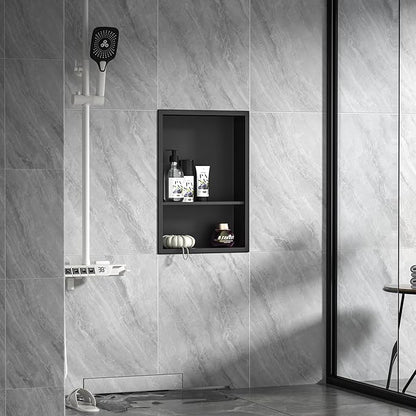 Stainless Steel Shower Niche 18" X 12" Matte Black No Tile Needed Niche for Shower Wall with Two-Tier Shelves Recessed Wall Niches for Bathroom Storage Over Mount Installation