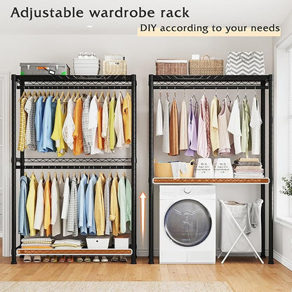 Raybee Clothing Rack with Wheels,Clothes Rack for Hanging Clothes,Portable Closet,2 Shelves,Black
