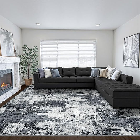 Washable Area Rugs 8'x10' Non-Slip Modern Abstract Soft for Living Room Entryway Bedroom Nursery, Print Pattern, Black Navy Blue Gray
