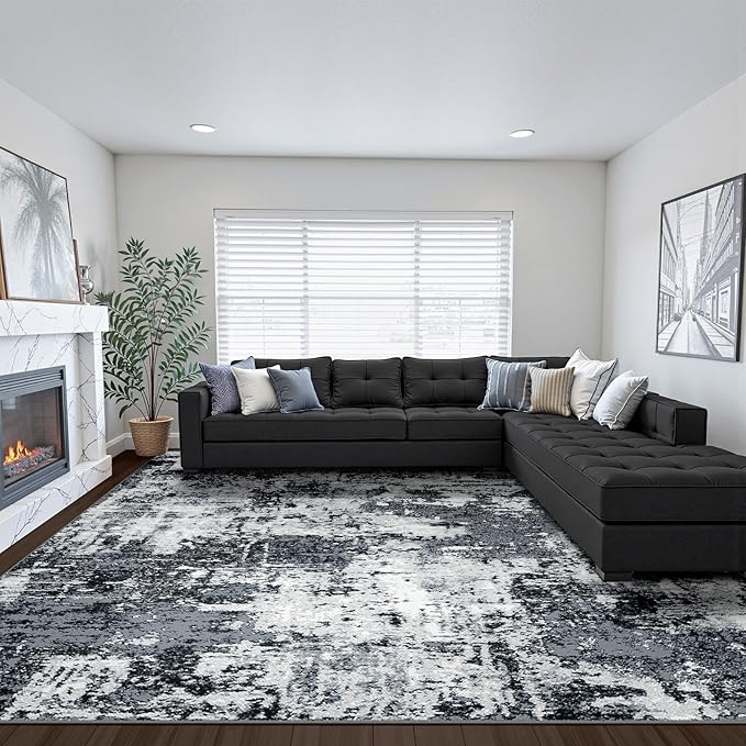 Washable Area Rugs 9'x12' Non-Slip Modern Abstract Soft for Living Room Entryway Bedroom Nursery, Print Pattern, Black Navy Blue Gray