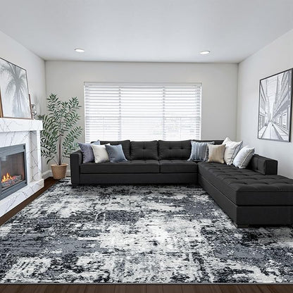 Washable Area Rugs 9'x12' Non-Slip Modern Abstract Soft for Living Room Entryway Bedroom Nursery, Print Pattern, Black Navy Blue Gray