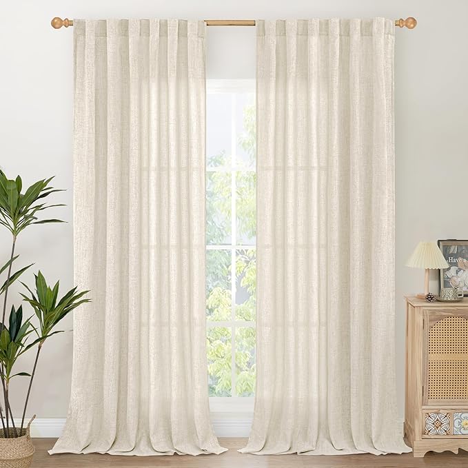 YoungsTex Extro Long Linen Curtains 108 Inch Length, Semi Sheer Drapes with Rod Pocket Back Tab Light Filtering for Bedroom Living Room, 2 Panels, 52 X 108 Inch