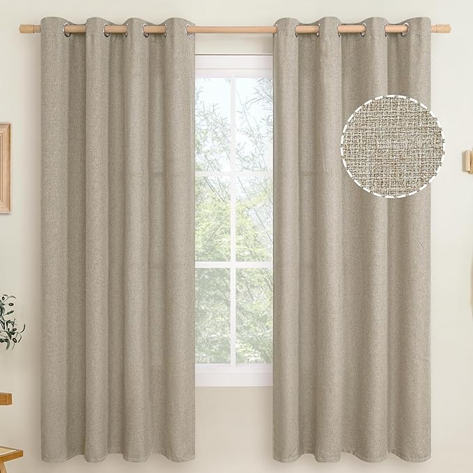 LAMIT Natural Linen Thermal Curtains for Bedroom, 72 inches Grommet Thick Light Reducing Curtains Window Light Filtering Panels for Living Room/Farmhouse, Set of 2 Panels, W52 x L72, Taupe