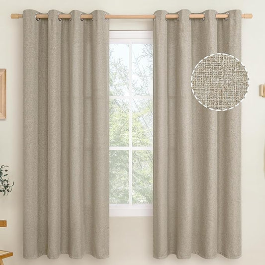 LAMIT Natural Linen Thermal Curtains for Bedroom, 72 inches Grommet Thick Light Reducing Curtains Window Light Filtering Panels for Living Room/Farmhouse, Set of 2 Panels, W52 x L72, Taupe
