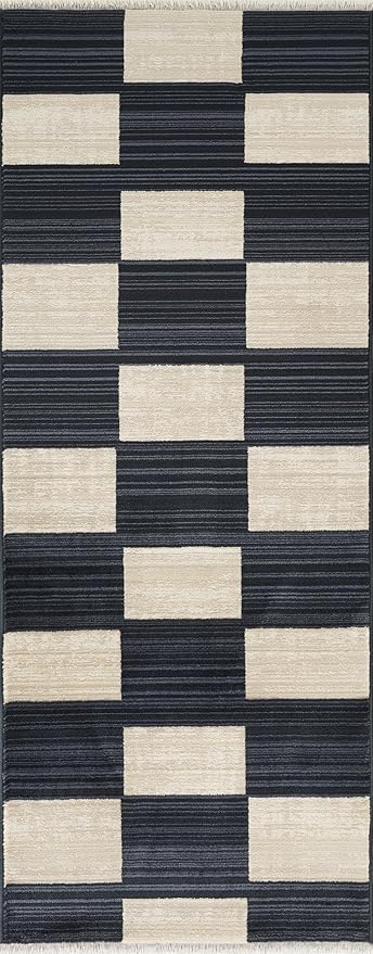 Abani Austin Collection Navy Runner Rug - 2' x 6' - Block Checkered Pattern, Non-Shedding - Easy to Clean, Durable for Hallways, Entryways & Kitchens, Pet & Kid Friendly