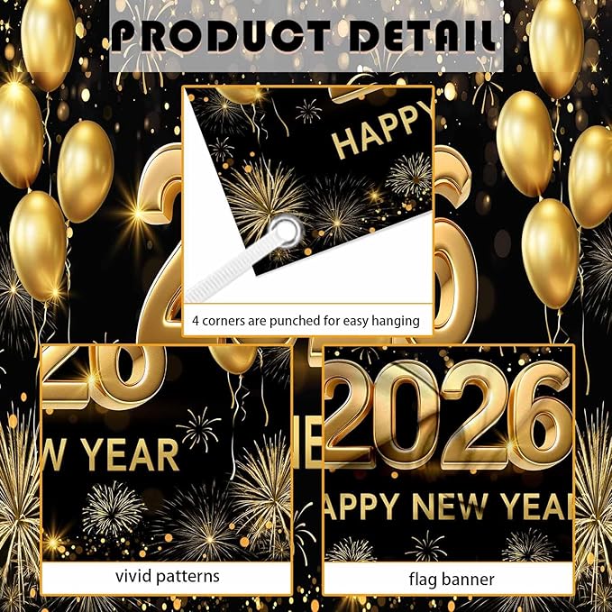 MEHOFOND 7x5 ft Black and Gold 2026 Happy New Year Backdrop Cheers to 2026 New Year Eve Glitter Photography Background Hello 2026 Party Balloon Fireworks Decor Banner Cake Smash Photo Props