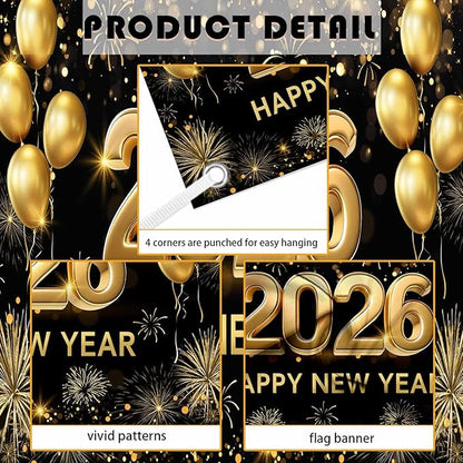 MEHOFOND 7x5 ft Black and Gold 2026 Happy New Year Backdrop Cheers to 2026 New Year Eve Glitter Photography Background Hello 2026 Party Balloon Fireworks Decor Banner Cake Smash Photo Props