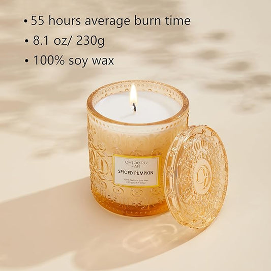 Chloefu LAN Fall Candles for Home Decor Spiced Pumpkin Candle for Halloween, Luxury Scented Soy Jar Autumn Candles with up to 55 Hour Long Lasting, Sweet Home Decor, Barn Fall Decor Pottery, 8.1 oz