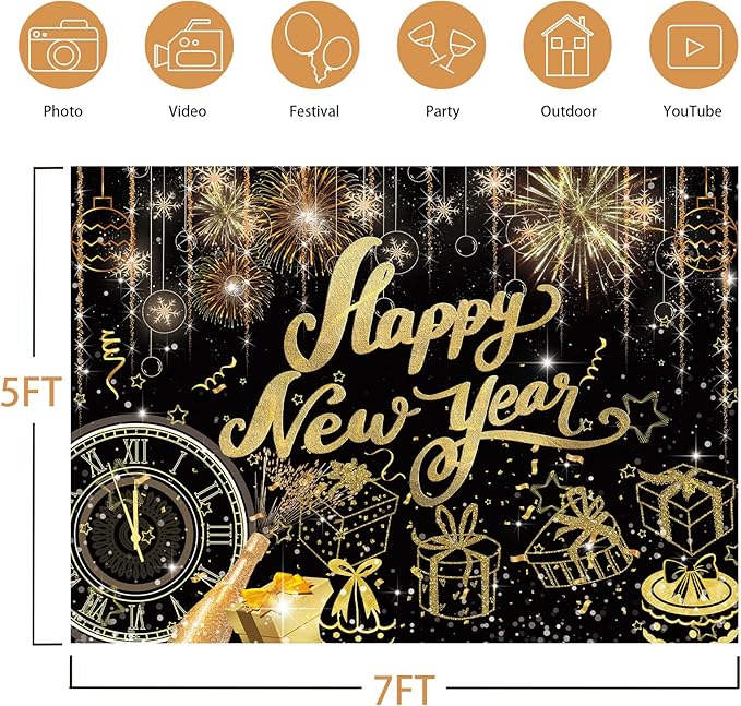 Happy New Year Backdrop,7x5FT 2026 Black Happy New Year Backdrop Party Decor New Year Banner New Year Eve Party Backdrop Supplies