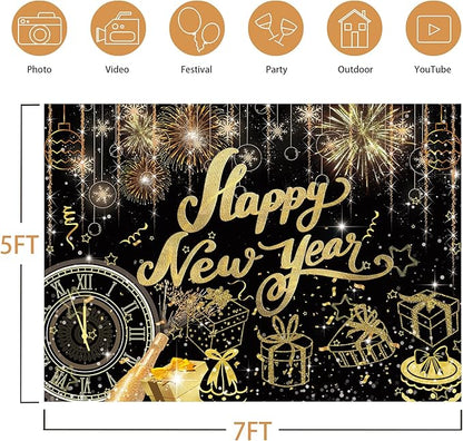 Happy New Year Backdrop,7x5FT 2026 Black Happy New Year Backdrop Party Decor New Year Banner New Year Eve Party Backdrop Supplies