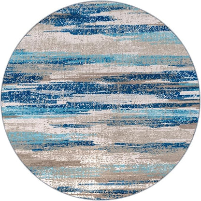 Modern Abstract Round Rug 5Ft, Blue Round Rug Washable Non-Slip Soft Small Circle Rug, Circular Dining Room Rugs Thin Print Faux Wool Carpet for Bedroom Living Room Office Playroom