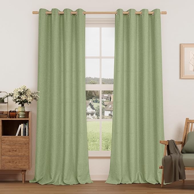 LAMIT Sage Green Linen Curtains for Living Room 84 inch Length, Spring Room Decor Linen Textured Light Filtering Curtains with Grommet for Bedroom/Farmhouse, Set of 2 Panels, W52 x L84