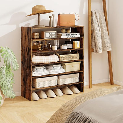 COSTWAY 6-Tier Shoe Rack, Extra Wide Shoe Shelf Organizer with Stackable Design, 31" Freestanding Adjustable Storage Shoe Stand for Small Space Entryway Hallway Closet (1,Rustic Brown)