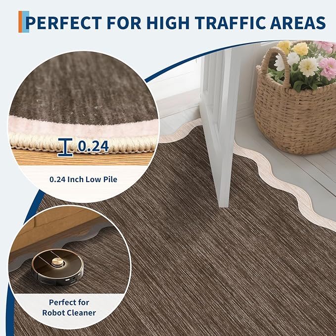 GarveeHome Scalloped Washable Runner Rugs 2x6 Rug Runner Modern Non Slip Kitchen Rugs Indoor Entryway Rug Farmhouse Soft Bath Mat Stain Resistant Carpet for Bedroom Hallway Laundry 2'x6' Dark Brown