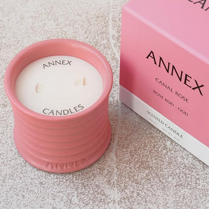 Scented Luxury Candles in Handmade Ceramic Jars, Soy Wax | Canal Rose – Rose Bud & Oud Scented, Large Candle | Non Toxic, 2 Wicks, Reusable Big Pink Jar | Natural Spring Aromatherapy for Women & Men