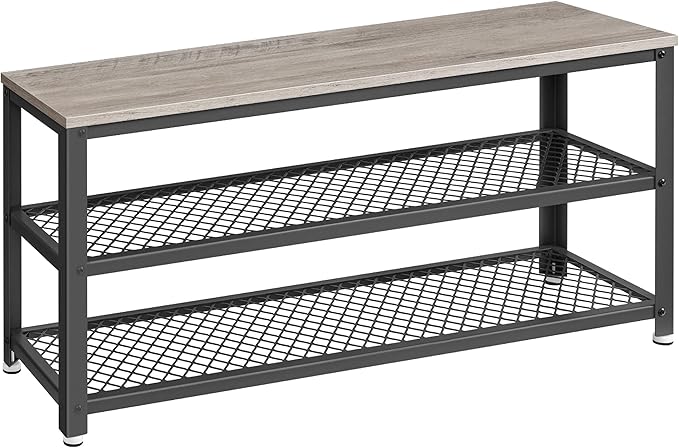 VASAGLE, 3-Tier Shoe Rack, Shelf Storage Bench with Metal Mesh Shelves and Seat, Free Standing Shoe Organizer for Entryway, 11.8 x 39.4 x 17.7 Inches, Greige and Black ULBS078K01