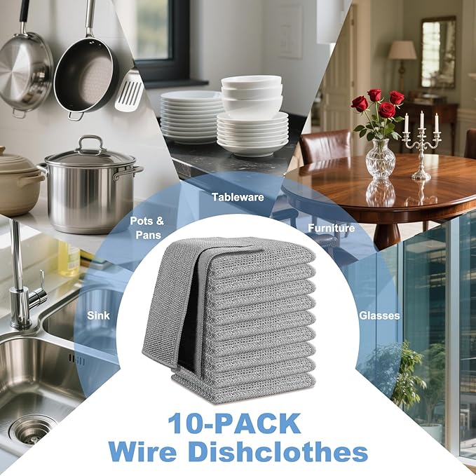 10pcs New Upgrade 2-Layer Microfiber Wire Dishcloth,Non-Scratch Wire Dishwashing Rags for Wet and Dry,Metal Scrubbers, Kitchen Miracle Cleaning Dish Rags for Cookware,Sinks, Dishes,Stove,Grey
