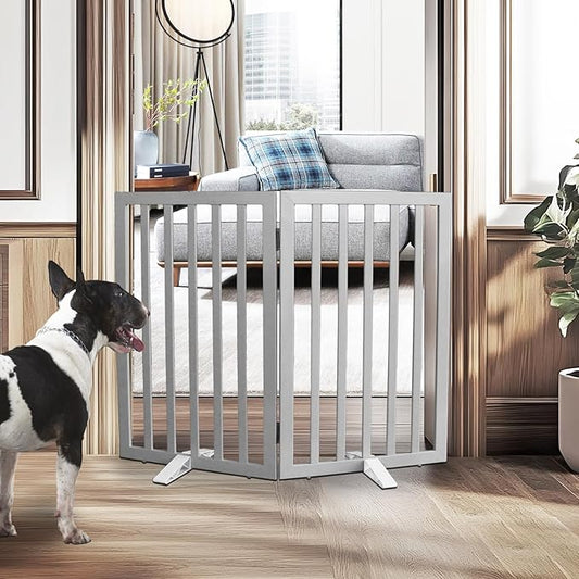 Dog Gate Indoor, Freestanding Dog Fence for The House, Doorways, Hallways,or Stairs,Pet Gate Foldable Wooden,Expandable 32" Height 2 Panels,Grey