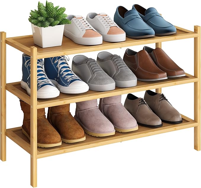 BMOSU 3-Tier Bamboo Shoe Rack Premium Stackable Shoe Shelf Storage Organizer for Hallway Closet Living Room Entryway Organizer(Natural)