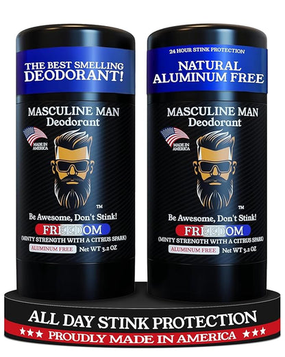 Deodorant for Men - Aluminum Free Mens Deodorant - Travel Size Natural Deodorants - Sweat Protection for Underarm - Stain-Free Stick Deodorants - Made in USA, 3.2oz (Pack of 2, Freedom)