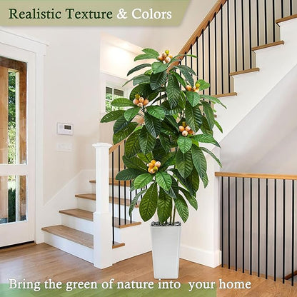 Artificial Locust Tree：6FT Faux Black Locust Floor Plant with White Flowers Small Round Silk Leaves & Elegant Branches in Beige Ribbed Planter for Indoor Home Office Decor Hotel Patio Studio