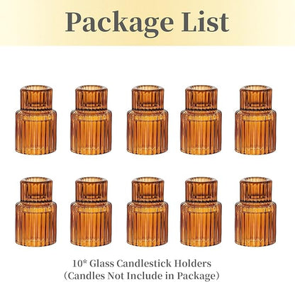 Hewory Glass Taper Candle Holders: 10 PCS Amber Elegant Candle Holder Candlestick Holders Bulk, Ribbed Glass Candle Holder Candle Sticks Holder Decor for Table Centerpiece Fall Thanksgiving Home Decor