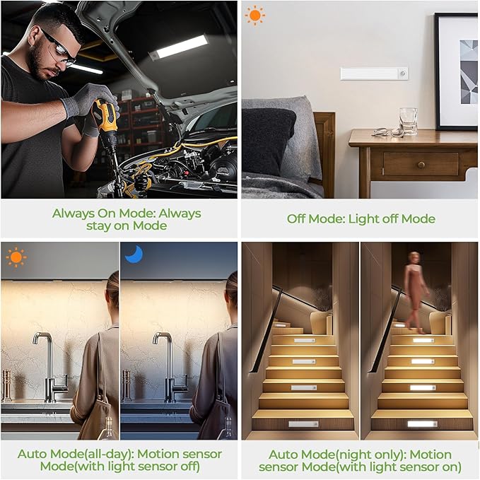 8inch Under Cabinet Lights,60 LED,USB-C 1800mAh Rechargeable Battery,3 Color Temperature,Dimmable,Motion Sensor Cordless Under Counter Light for Wardrobe,Bedroom,Kitchen,Stairs(2pack 3CCT)