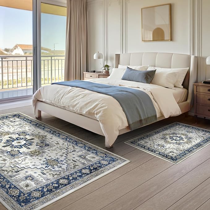 Area Rugs 5x7 - Machine Washable Vintage Oriental Soft Rug, Low Pile Thin Floor Carpet with Non Slip Backing for Living Room, Bedroom,Dorm, Kitchen, Indoor House, Office Rolling Chair