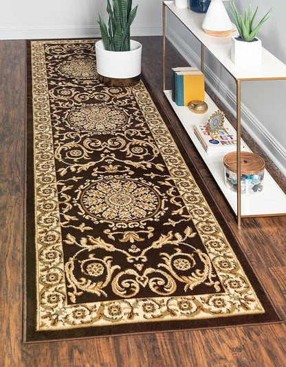 Rugs.com Chateau Collection Rug – 10 Ft Runner Brown Medium-Pile Rug Perfect for Hallways, Entryways