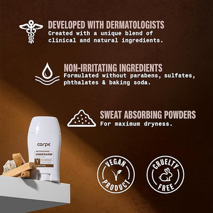 Carpe Underarm Antiperspirant and Deodorant, Clinical strength with Sandalwood scent, Combat excessive sweating Stay fresh and dry, Great for hyperhidrosis (Pack of 3)