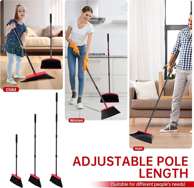 Broom with Dustpan Combo Set, Hand Broom and Dustpan Set for Sweeping Indoor Angle Broom for Home Office Kitchen Lobby Floor Pet Hair Indoor&Outdoor Cleaning (Black&Red)