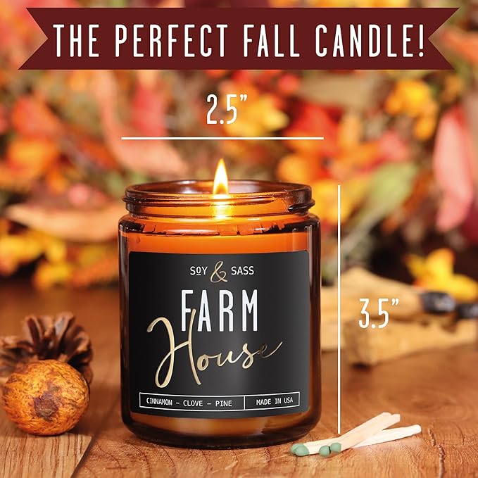 Fall Candles - 'Farmhouse' Autumn Scented Soy Candles for Home, w/Cinnamon, Clove & Pine I Infused with Essential Oils I Farmhouse Décor, 9oz Reusable Jar, 50Hr Burn, Made in USA
